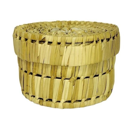 Vintage 70s Bohemian Woven Raffia Cowie Shell Coasters & Basket Coaster Holder - Picture 5 of 10